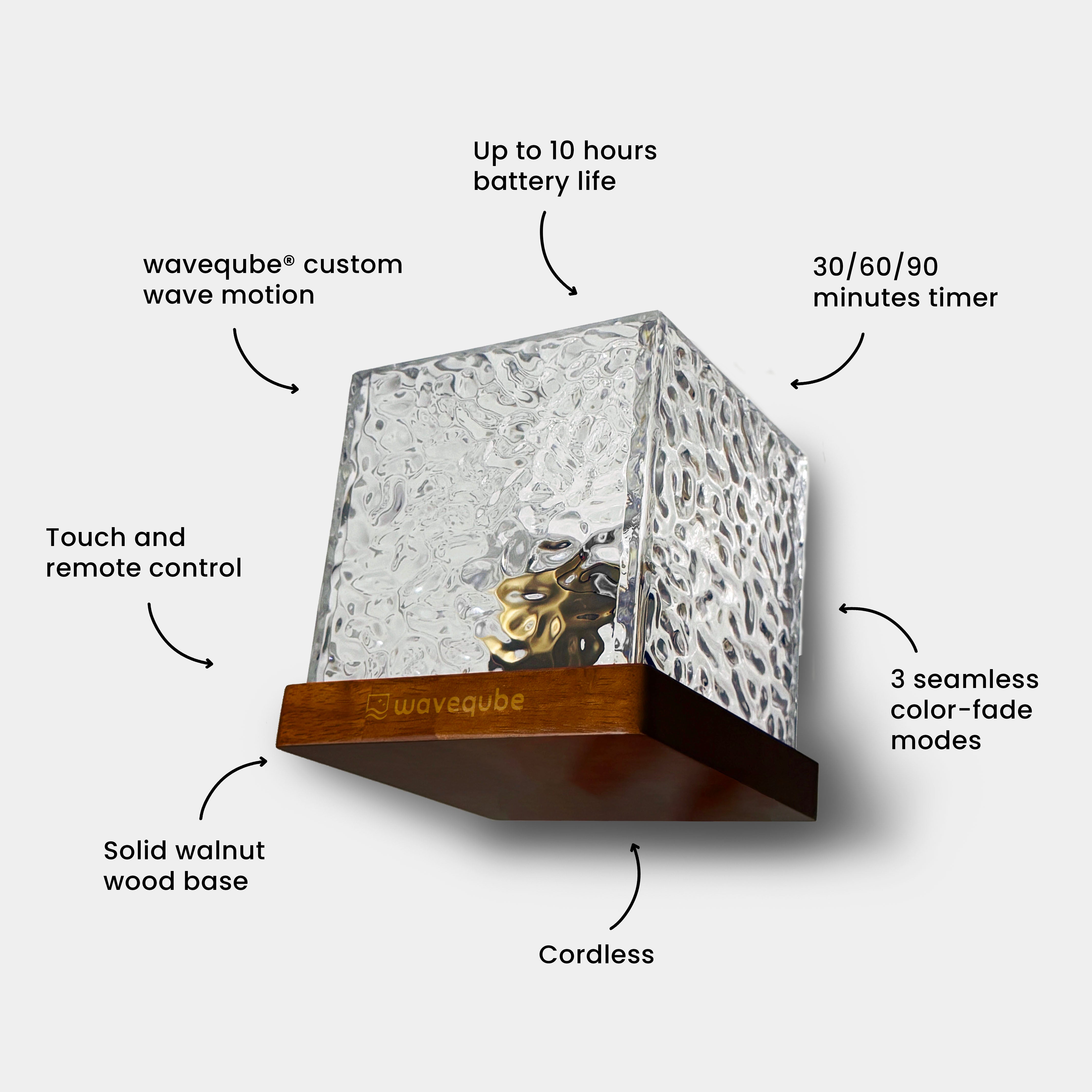 Wave lamp battery operated without cord cordless solid walnut wood base with auto off timer 30, 60, 90 minutes.