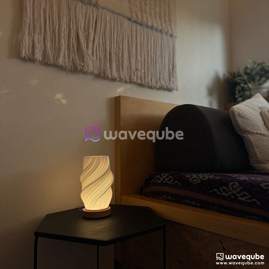 Waveqube Horizon Lamp 3D printed with wave textured surface on the loft